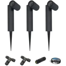HOFTRONIC 3er-Set Pinero Dimmbarer LED Gartenstrahler mit Erdspieß - GU10 Fassung - Schwenkbar - Dimmbar - Gartenspot - Außenstrahler - IP65 Wasserdicht - Schwarz - Inklusive Installationsmaterial (Kabel & Verbinder)