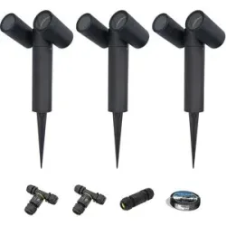 HOFTRONIC 3er-Set Pinero Doppel LED Gartenstrahler mit Erdspieß - Schwenkbar - Dimmbar - GU10 Fassung - IP65 - Schwarz - Erdspießstrahler - Inklusive Installationsmaterial (Kabel & Verbinder)