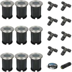 HOFTRONIC 9er Set Maisy LED Bodeneinbaustrahler außen - Ø12cm - Rund - Edelstahl - GU10 Fassung - IP67 wasserdicht - Bodenstrahler - Einfahrt - Inklusive Installationsmaterial (Kabel & Verbinder)