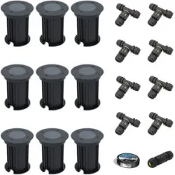 HOFTRONIC 9er Set Maisy LED Bodeneinbaustrahler außen - Ø12cm - Dimmbar - GU10 Fassung - Rund - Bodenstrahler - Auffahrt - Schwarz - IP67 - Inklusive Installationsmaterial (Kabel & Verbinder)