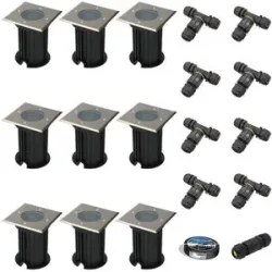 HOFTRONIC 9er Set Ramsay LED Bodeneinbaustrahler außen - Eckig - Edelstahl - GU10 Fassung - IP67 wasserdicht - Bodenstrahler - Einfahrt - Excl. Leuchtmittel - Inklusive Installationsmaterial (Kabel & Verbinder)