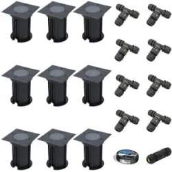 HOFTRONIC 9er Set Ramsay LED Bodeneinbaustrahler außen Eckig - Dimmbar - GU10 Fassung - Bodenstrahler - Schwarz - IP67 wasserdicht - Excl. Leuchtmittel - Inklusive Installationsmaterial (Kabel & Verbinder)