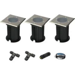 HOFTRONIC 3er Set Ramsay LED Bodeneinbaustrahler außen - Eckig - Edelstahl - GU10 Fassung - IP67 wasserdicht - Bodenstrahler - Einfahrt - Excl. Leuchtmittel - Inklusive Installationsmaterial (Kabel & Verbinder)