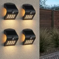 HOFTRONIC 4er Set Rhodes Solar-Wandleuchte Up & Down - mit Bewegungssensor - 1,5 W - 3000 K Warmweiß - 2 Leuchtstufen - IP65 wasserdicht - Wandleuchte für Zaun - Schwarz