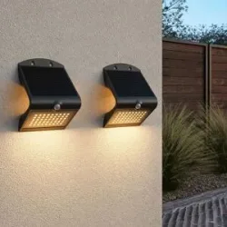 HOFTRONIC 2er Set Rhodes Solar-Wandleuchte Up & Down - mit Bewegungssensor - 4 W - 3000 K Warmweiß - 2 Leuchtstufen - IP65 wasserdicht - Wandleuchte für Zaun - Schwarz