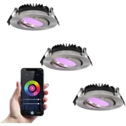 HOFTRONIC SMART 3er-Set Rome Smart Einbaustrahler - IP44 Wasserdicht - 6 Watt 480 lumen - Schwenkbar - Wifi + Bluetooth - RGBWW - Google Home, Amazon Alexa und Siri - Edelstahl - Für den Innen- und Außenbereich