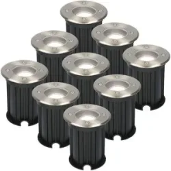 HOFTRONIC 9er Set Maisy LED Bodeneinbaustrahler außen - Ø12cm - Dimmbar - Rund - GU10 Fassung - 4 Watt 345 Lumen - 6500K tageslichtweiß - Edelstahl - IP67 wasserdicht - Bodenstrahler - Einfahrt