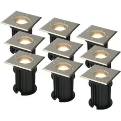 HOFTRONIC 9er Set Ramsay LED Bodeneinbaustrahler außen - Dimmbar - Eckig - GU10 Fassung - 4 Watt 345 lumen - 2700K warmweiß - Edelstahl - IP67 wasserdicht - Bodenstrahler - Einfahrt