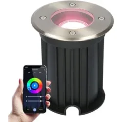 HOFTRONIC SMART Maisy Smart Bodeneinbaustrahler außen - Ø12cm - 5.5W 345lm - RGBWW - Wifi + Bluetooth - App Steuerung - IP67 wasserdicht - Google Home, Amazon Alexa - Edelstahl