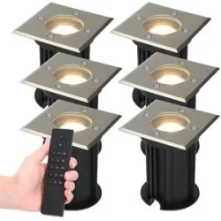 HOFTRONIC 6er Set Ramsay LED Bodeneinbaustrahler außen - Eckig - Dimmbar - GU10 - 2700K warmweiß - 4W 345lm - Bodenstrahler - Edelstahl - IP67 wasserdicht - Inkl. Fernbedienung