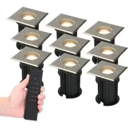 HOFTRONIC 9er Set Ramsay LED Bodeneinbaustrahler außen - Eckig - Dimmbar - GU10 - 2700K warmweiß - 4W 345lm - Bodenstrahler - Edelstahl - IP67 wasserdicht - Inkl. Fernbedienung