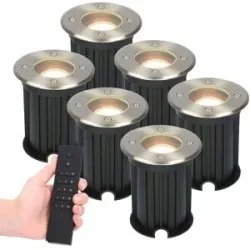 HOFTRONIC 6er Set dimmbare LED Bodeneinbaustrahler Maisy - rund - Edelstahl - 4 Watt 345 lumen - 2700K warmweiß - IP65 Wasserdicht - Inkl. Dimmer mit Fernbedienung