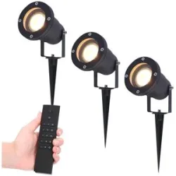 HOFTRONIC 3er Set LED Gartenstrahler mit Erdspieß schwarz Sydney - Aluminium - 4W 345 lumen - 2700K warmweiß - IP65 Wasserdicht - Inkl. Dimmer mit Fernbedienung