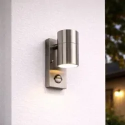 HOFTRONIC Mason Wandleuchte - Edelstahl - Bewegungsmelder und Dämmerungsschalter - IP44 wasserdicht - Downlight für innen und außen - Inkl. GU10 Fassung