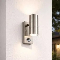 HOFTRONIC Jasmin Wandleuchte - Edelstahl - Bewegungsmelder und Dämmerungsschalter - IP44 spritzwassergeschützt - Up & Downlight für den Außenbereich - GU10 Leuchtmittel