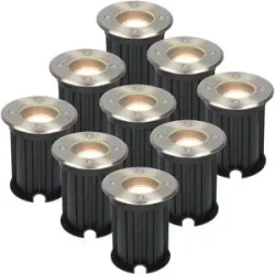 HOFTRONIC 9er Set Maisy LED Bodeneinbaustrahler außen - Ø12cm - Dimmbar - GU10 Fassung - 2700K warmweiß - 4W 345lm - Rund - Bodenstrahler - Auffahrt - Edelstahl - IP67 wasserdicht