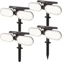 HOFTRONIC 4er Set Pato - Solar Gartenstrahler mit Erdspieß - Bewegungssensor und Dämmerungsschalter - PIR - 6000K tageslichtweiß - 2 Lichtmodi - 300 Lumen - 6-12 Stunden Brenndauer - IP65 wasserdicht