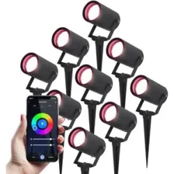 HOFTRONIC SMART 9er Set Spikey Smart Gartenstrahler mit Erdspieß - RGBWWW - Wifi + Bluetooth - 5,5W 345lm - IP65 Wasserdicht - App-Steuerung - Google Home, Amazon Alexa und Siri - Schwarz - Gartenspots