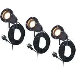 HOFTRONIC 3er Set Sydney LED Gartenstrahler mit Erdspieß - GU10 4 Watt 345 lumen - Dimmbar - Schwenkbar - 2700K warmweiß - IP65 Wasserdicht - 1.5m Kabel mit EU-Stecker - Schwarz