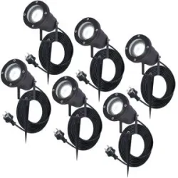 HOFTRONIC 6er Set Sydney LED Gartenstrahler mit Erdspieß - GU10 4 Watt 345 Lumen - Dimmbar - Schwenkbar - 6500K tageslichtweiß - IP64 Wasserdicht - 1.5m Kabel mit EU-Stecker - Schwarz