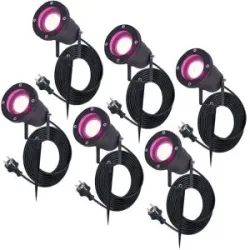 HOFTRONIC SMART 6er Set Sydney Smart Gartenstrahler mit Erdspieß - RGBWWW - Wifi + Bluetooth - 5,5W 400lm - IP65 Wasserdicht - 1,5m Stromkabel - App-Steuerung - Google Home, Amazon Alexa und Siri - Schwarz - Gartenstrahler