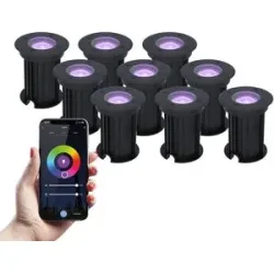 HOFTRONIC SMART 9er Set Maisy Smart Bodeneinbaustrahler außen - Ø12cm - 5.5W 345lm - RGBWW - Wifi + Bluetooth - App Steuerung - IP67 wasserdicht - Google Home - Amazon Alexa - Schwarz