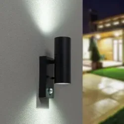 HOFTRONIC Blenda Wandleuchte - 6500K tageslichtweiß - Bewegungsmelder und Dämmerungsschalter - Schwarz - IP44 spritzwassergeschützt - Up & Downlight für den Außenbereich