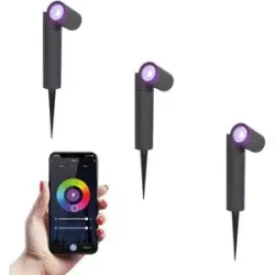 HOFTRONIC SMART 3er Set Pinero - Smart Gartenstrahler mit Erdspieß - IP65 Wasserdicht - 5.5 Watt 345 Lumen - RGBWWW - GU10 - Wifi + Bluetooth - IP65 Wasserdicht - Google Home, Amazon Alexa und Siri - Schwenkbar - Für Innen- und Außenbereich - Schw