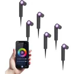 HOFTRONIC SMART 6er Set Pinero - Smart Gartenstrahler mit Erdspieß - IP65 Wasserdicht - 5.5 Watt 345 Lumen - RGBWWW - GU10 - Wifi + Bluetooth - IP65 Wasserdicht - Google Home, Amazon Alexa und Siri - Schwenkbar - Für Innen- und Außenbereich - Schw