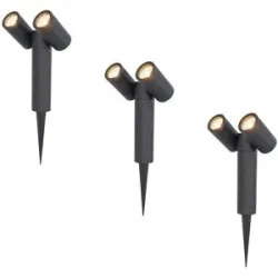 HOFTRONIC 3er Set Pinero Doppel LED Gartenstrahler mit Erdspieß - GU10 8 watt 690 lumen - Dimmbar - Schwenkbar - 2700K warmweiß - IP65 Wasserdicht - Schwarz- Gartenspot - Außenstrahler
