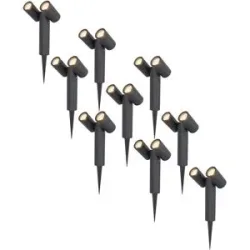 HOFTRONIC 9er Set Pinero Doppel LED Gartenstrahler mit Erdspieß - GU10 8 watt 690 lumen - Dimmbar - Schwenkbar - 2700K warmweiß - IP65 Wasserdicht - Schwarz- Gartenspot - Außenstrahler