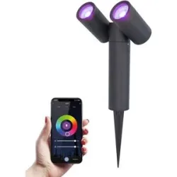 HOFTRONIC SMART Pinero - Doppel Smart Gartenstrahler - IP65 Wasserdicht - 11 Watt 690 Lumen - RGBWWW - GU10 - Wifi + Bluetooth - IP65 Wasserdicht - Google Home, Amazon Alexa und Siri - Schwenkbar - Für Innen- und Außenbereich - Schwarz