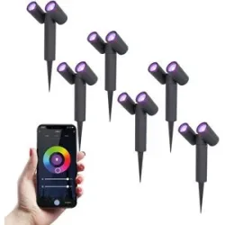 HOFTRONIC SMART 6er Set Pinero - Doppel Smart Gartenstrahler - IP65 Wasserdicht - 11 Watt 690 Lumen - RGBWWW - GU10 - Wifi + Bluetooth - IP65 Wasserdicht - Google Home, Amazon Alexa und Siri - Schwenkbar - Für Innen- und Außenbereich - Schwarz