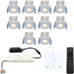 HOFTRONIC 10er Set Milano mini LED Einbaustrahler mit Trafo und Wanddimmer - 12 V 3 W 200 lm - Dimmbar - Flach 34mm - 2700K - IP65 - Aluminium