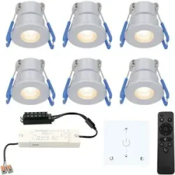 HOFTRONIC 6er Set Milano mini LED Einbaustrahler mit Trafo und Wanddimmer - 12 V 3 W 200 lm - Dimmbar - Flach 34mm - 2700K - IP65 - Aluminium