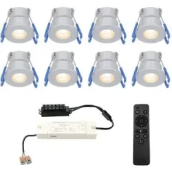 HOFTRONIC 8er Set Milano mini LED Einbaustrahler mit Trafo - 12V 3W 200lm - Dimmbar - Flach 34mm - 2700K - IP65 wasserdicht - Aluminium