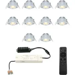 HOFTRONIC 10er Set Sienna mini LED Einbaustrahler mit Trafo - 12V 3W 200lm - Dimmbar - Schwenkbar - Flach 30mm - 2700K - IP44 - Aluminium