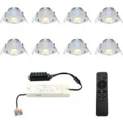 HOFTRONIC 8er Set Sienna mini LED Einbaustrahler mit Trafo - 12V 3W 200lm - Dimmbar - Schwenkbar - Flach 30mm - 2700K - IP44 - Aluminium