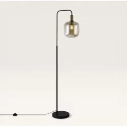 LUSENZ Xirena - Stehlampe Schwarz Metall 150 cm - Stehlampe wohnzimmer - Modern vintage design - E27 Fassung - Bernsteinfarbenes Glas - Mit Fußschalter