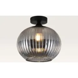 LUSENZ Deckenleuchte Globo vetro fumé ? Kugel aus geriffeltem Rauchglas und schwarzer Metallhalter ? Ohne Leuchtmittel