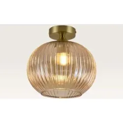 LUSENZ Deckenleuchte Globo ambra ? Lampe für den Innenbereich, aus geripptem, bernsteinfarbenem Glas und Goldmetall ? Ohne Leuchtmittel