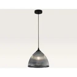 LUSENZ Hängelampe Ciotola vetro fumé pendente ? Kuppelförmige Kugel aus geriffeltem Rauchglas und schwarzem Metallträger ? Ohne Leuchtmittel