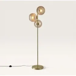 LUSENZ Ciotola - Stehlampe Gold Metall 150 cm - Stehlampe wohnzimmer - Klassisch design - 3 Kugeln - E27 Fassung - Bernsteinfarbenes Glas - Mit Fußschalter