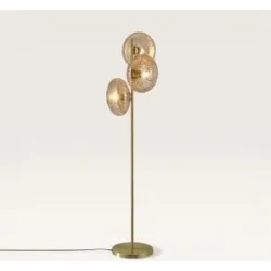 LUSENZ Virello - Stehlampe Gold Metall 150 cm - Stehlampe wohnzimmer - Klassisch design - 3 Kugeln - E27 Fassung - Bernsteinfarbenes Glas - Mit Fußschalter