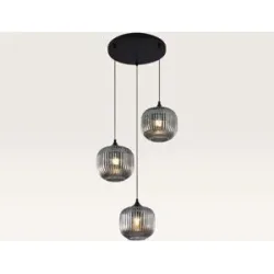 LUSENZ Hängelampe Virello vetro fumé pendente ? Drei Kugeln aus geriffeltem Rauchglas mit verspielter Optik ? Ohne Lichtquelle