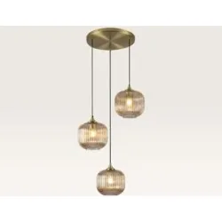 LUSENZ Hängelampe Virello ambra pendente ? Drei Kugeln aus geriffeltem bernsteinfarbenem Glas mit verspielter Optik ? Ohne Lichtquelle