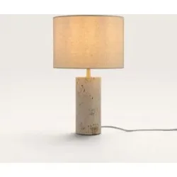 LUSENZ Nalori - Designer Tischlampe Travertin 40 cm - Beige Leinen Lampenschirm - Tischlampe wohnzimmer - Skandinavisches design - E27 Fassung - Mit Ein/Aus-Schalter