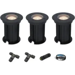HOFTRONIC 3er Set Maisy LED Bodeneinbaustrahler außen - Ø12cm - Dimmbar - GU10 Fassung - 2700K warmweiß - 4W 345lm - Rund - Bodenstrahler - Auffahrt - Schwarz - IP67 - Inklusive Installationsmaterial (Kabel & Verbinder)