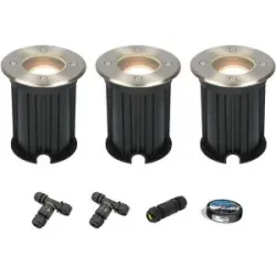 HOFTRONIC 3er Set Maisy LED Bodeneinbaustrahler außen - Ø12cm - Rund - Dimmbar - GU10 Fassung - 2700K Neutralweiß - 4W 345lm - Bodenstrahler - Edelstahl - IP67 - Inklusive Installationsmaterial (Kabel & Verbinder)
