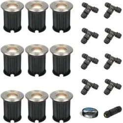 HOFTRONIC 9er Set Maisy LED Bodeneinbaustrahler außen - Ø12cm - Rund - Dimmbar - GU10 Fassung - 2700K Neutralweiß - 4W 345lm - Bodenstrahler - Edelstahl - IP67 - Inklusive Installationsmaterial (Kabel & Verbinder)
